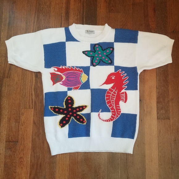 Vintage Fish Beach Sweater Blouse Sz Small Knit 3D Pom Pom Tess Designs Bermuda - Picture 2 of 16